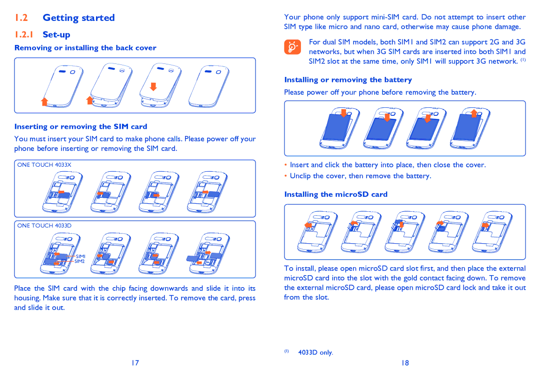 Alcatel 4033X manual Getting started, Set-up, Installing or removing the battery, Installing the microSD card 