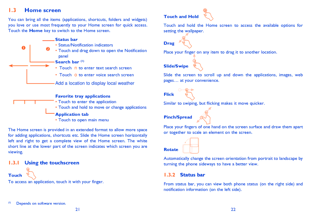 Alcatel 4033X manual Home screen, Using the touchscreen, Status bar 