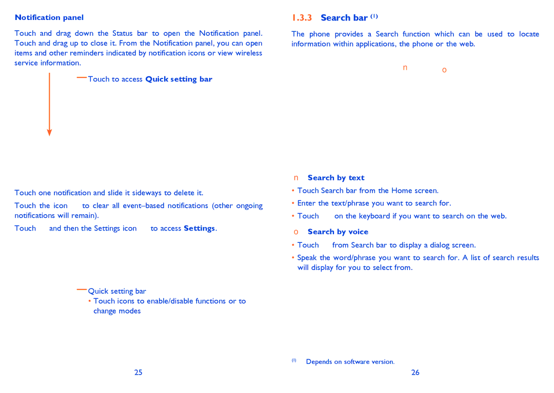 Alcatel 4033X manual Search bar, Notification panel, Touch to access Quick setting bar, Search by text, Search by voice 