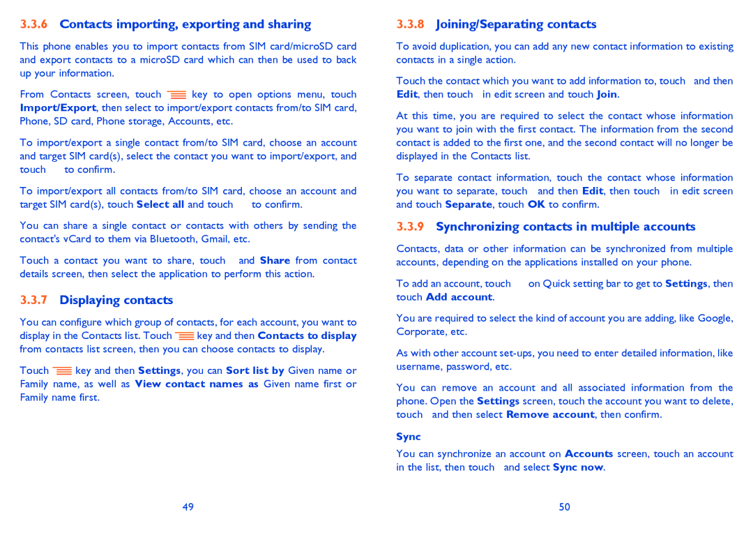 Alcatel 4033X manual Contacts importing, exporting and sharing, Displaying contacts, Joining/Separating contacts, Sync 