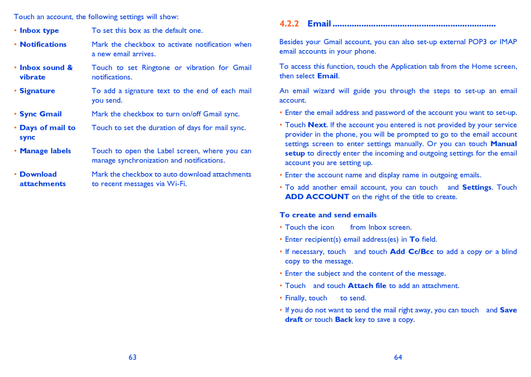 Alcatel 4033X manual Inbox type, Signature, Download, Attachments To recent messages via Wi-Fi 