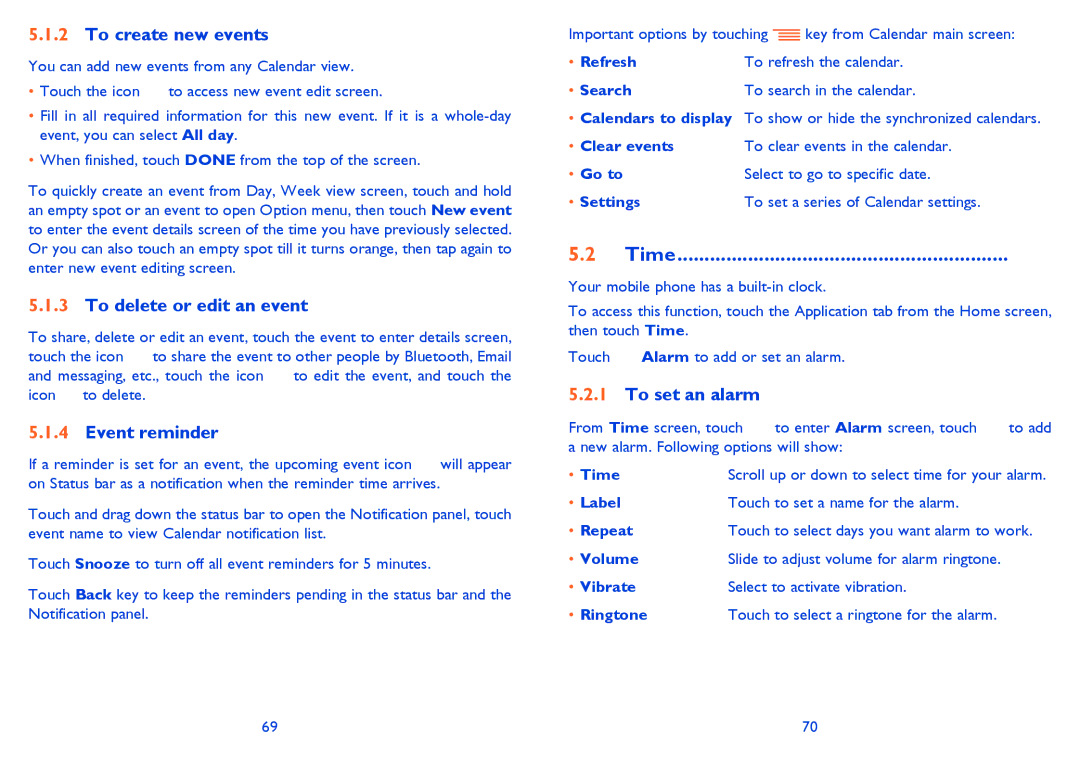 Alcatel 4033X manual To create new events, To delete or edit an event, Event reminder, Time, To set an alarm 