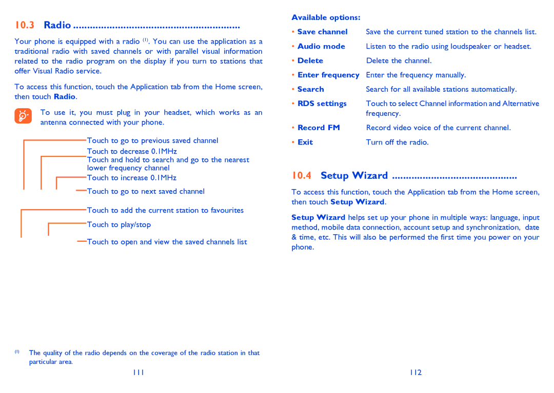 Alcatel 4033X manual Radio, Setup Wizard, Available options, Delete, Exit 