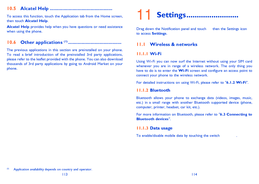 Alcatel 4033X manual Settings, Alcatel Help, Other applications, Wireless & networks 
