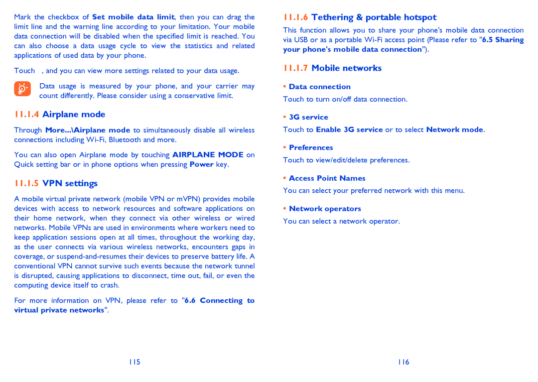 Alcatel 4033X manual Airplane mode, VPN settings, Tethering & portable hotspot, Mobile networks 