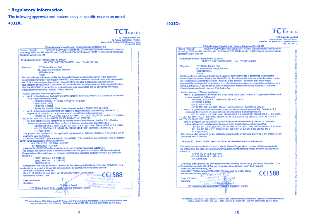 Alcatel 4033X manual Regulatory information 