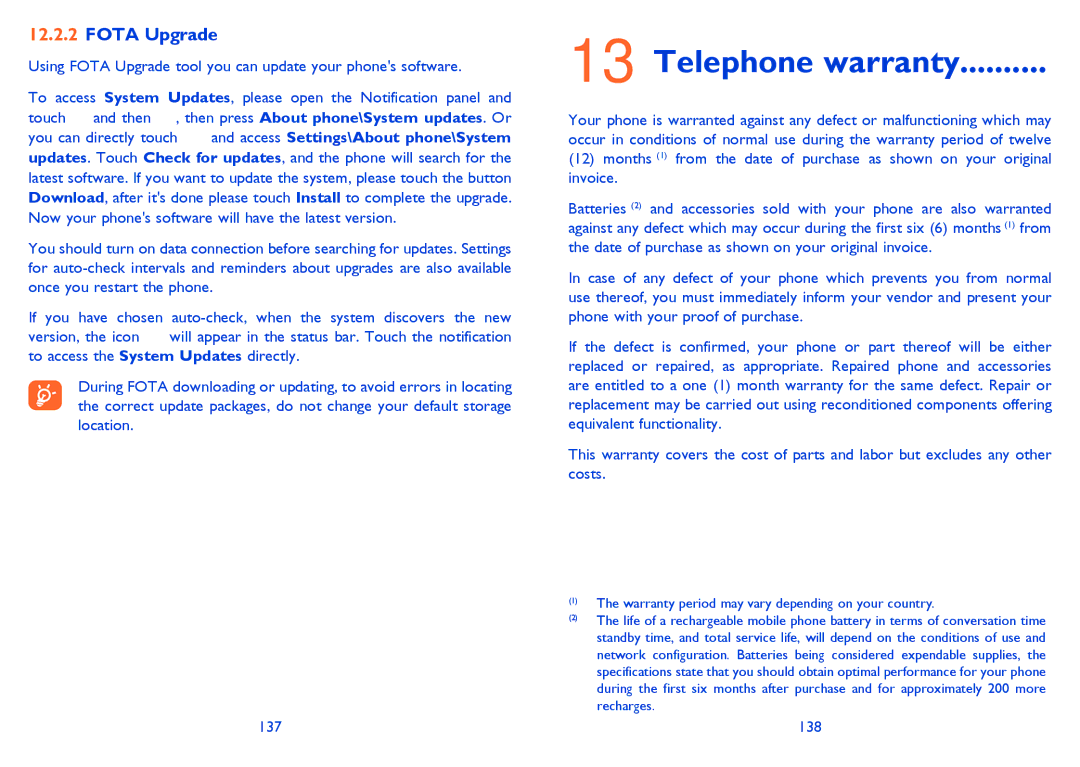 Alcatel 4033X manual Telephone warranty, Using Fota Upgrade tool you can update your phones software, 138 