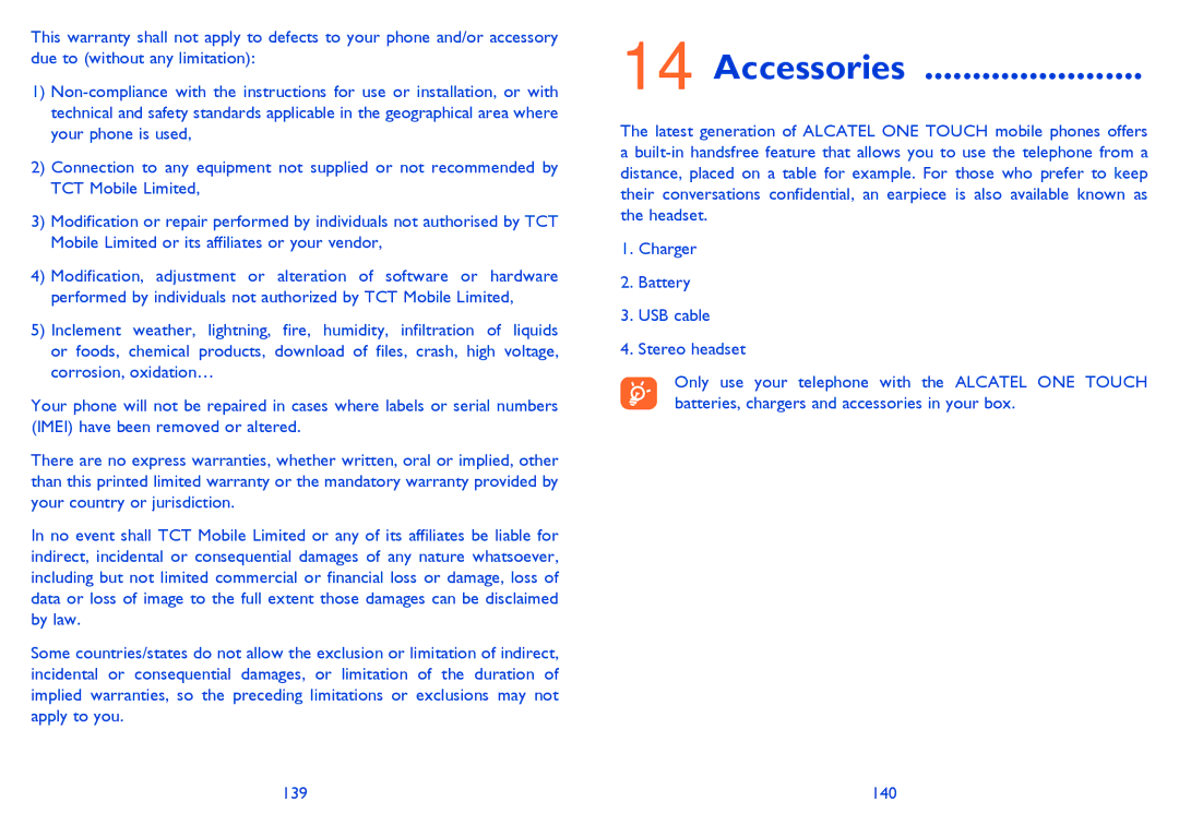 Alcatel 4033X manual Accessories, 140 