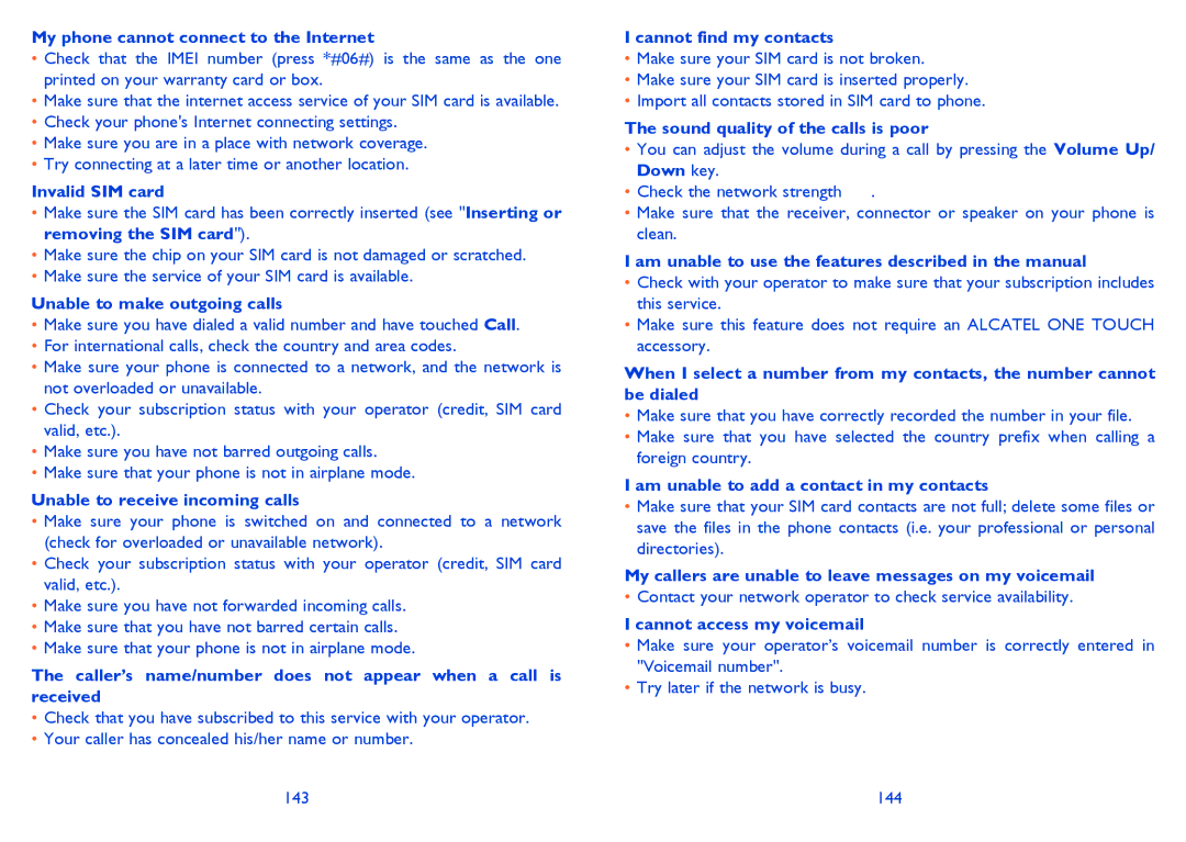 Alcatel 4033X manual My phone cannot connect to the Internet, Invalid SIM card, Unable to make outgoing calls 