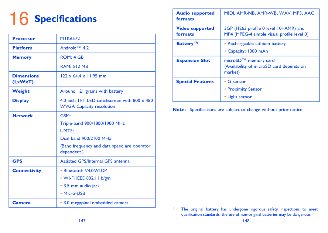 Alcatel 4033X manual Specifications, Gps 