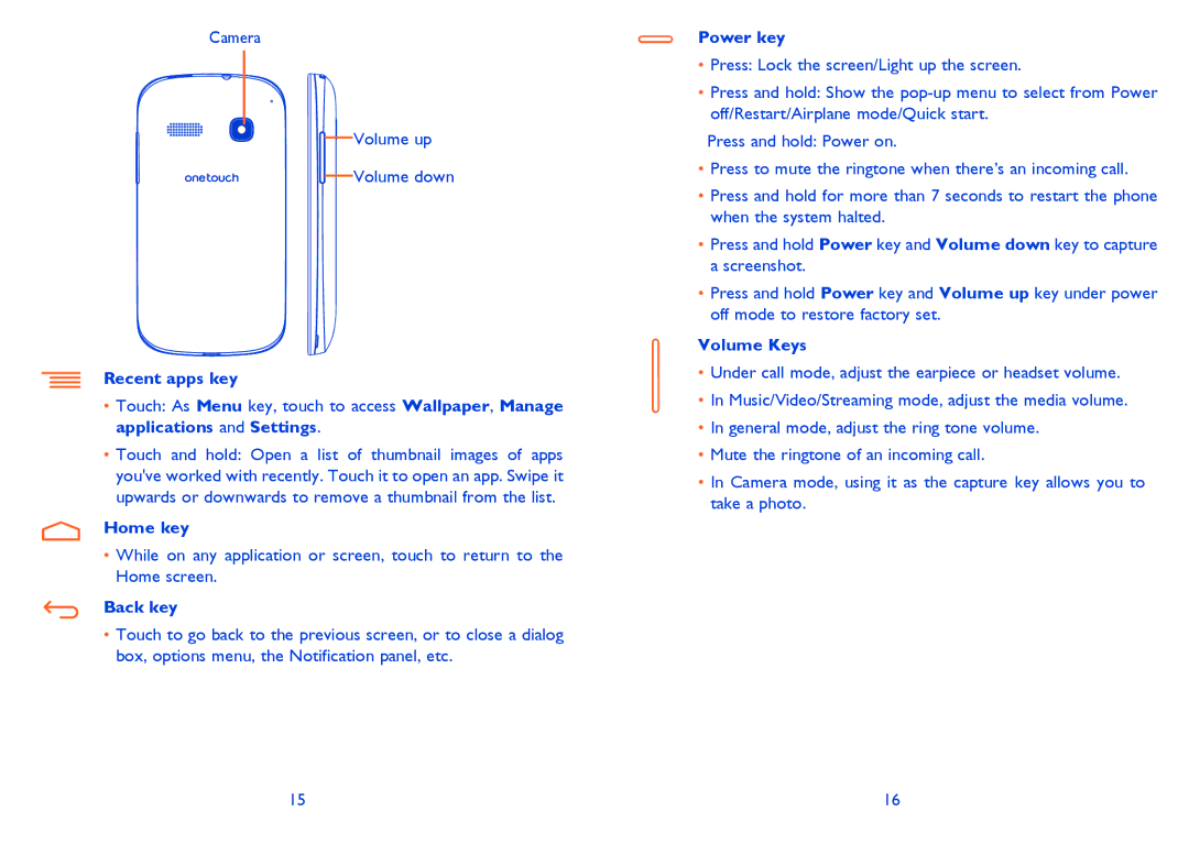 Alcatel 4033X manual Recent apps key, Home key, Back key, Power key, Volume Keys 