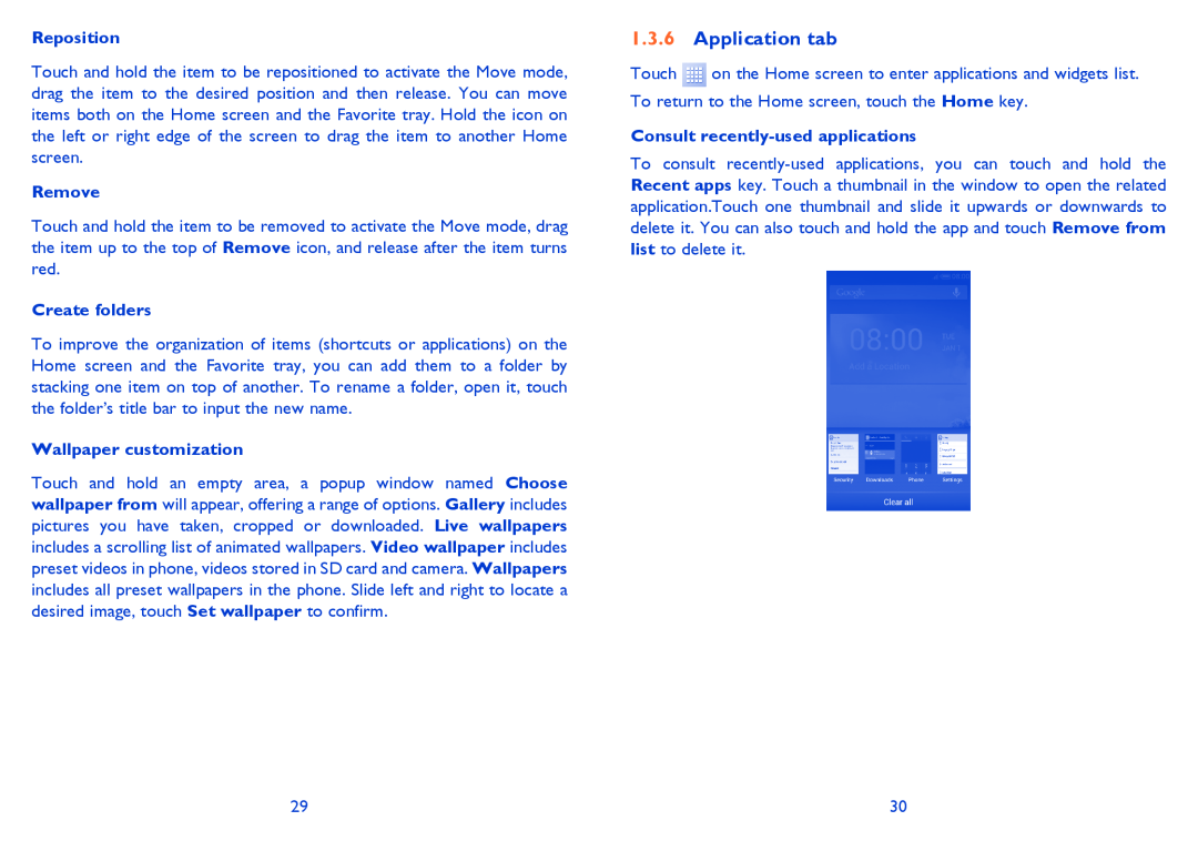 Alcatel 4033X manual Application tab, Reposition, Remove, Create folders, Wallpaper customization 