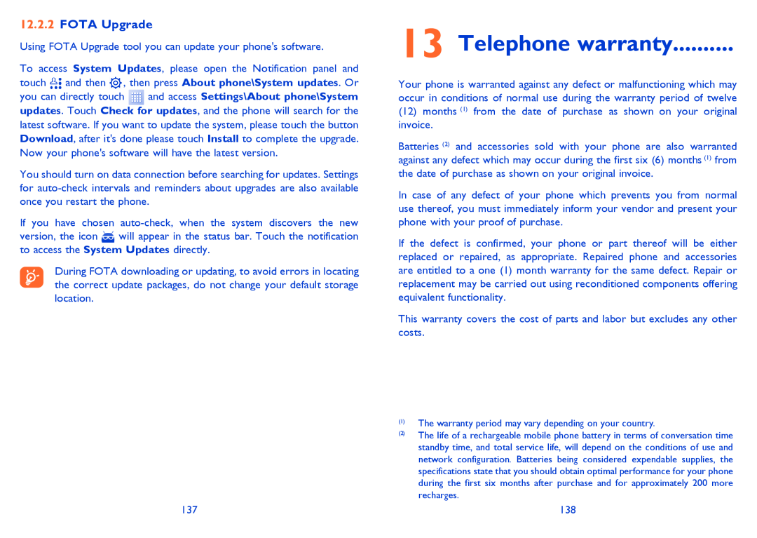 Alcatel 4033X manual Telephone warranty, FOTA Upgrade 