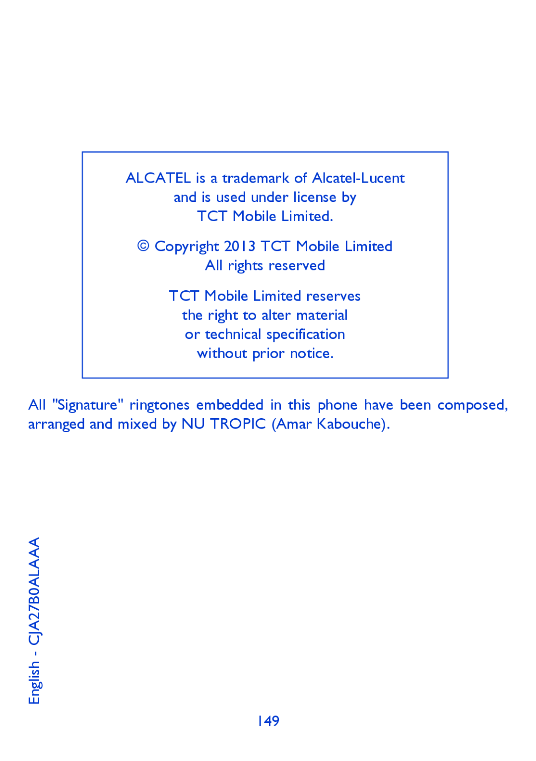 Alcatel 4033X manual ALCATEL is a trademark of Alcatel-Lucent and is used under license by, English - CJA27B0ALAAA 