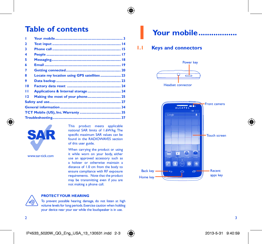 Alcatel 5020W manual Table of contents, Your mobile 