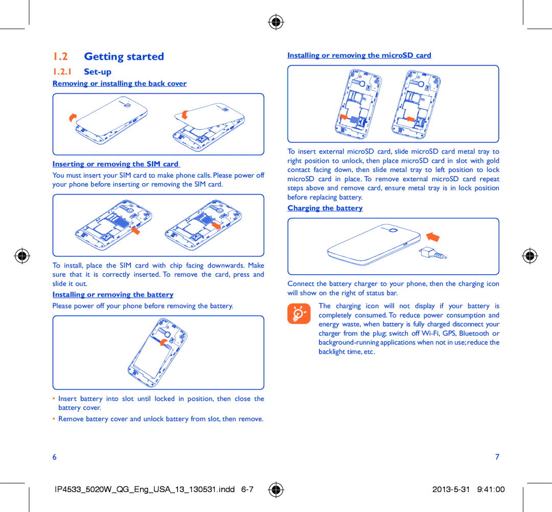 Alcatel 5020W manual Getting started, Set-up, Installing or removing the battery, Installing or removing the microSD card 