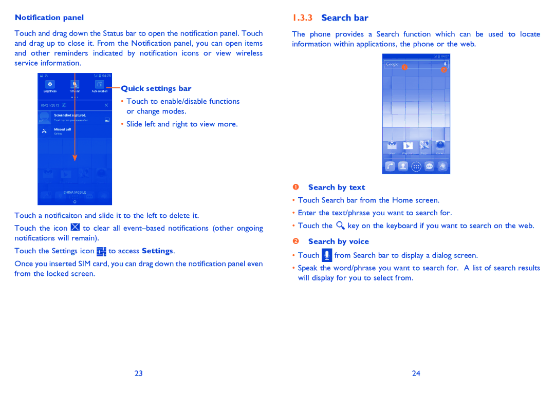 Alcatel 5035A manual Search bar, Notification panel, Quick settings bar, Search by text, Search by voice 