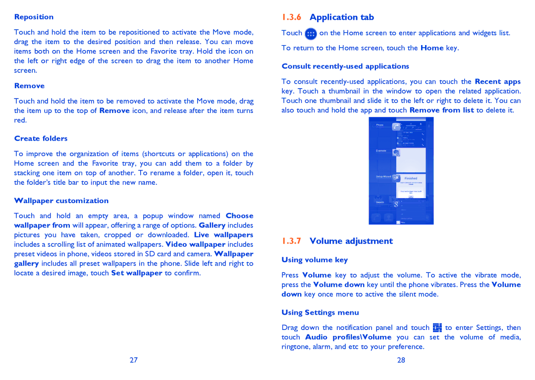 Alcatel 5035A manual Application tab, Volume adjustment 