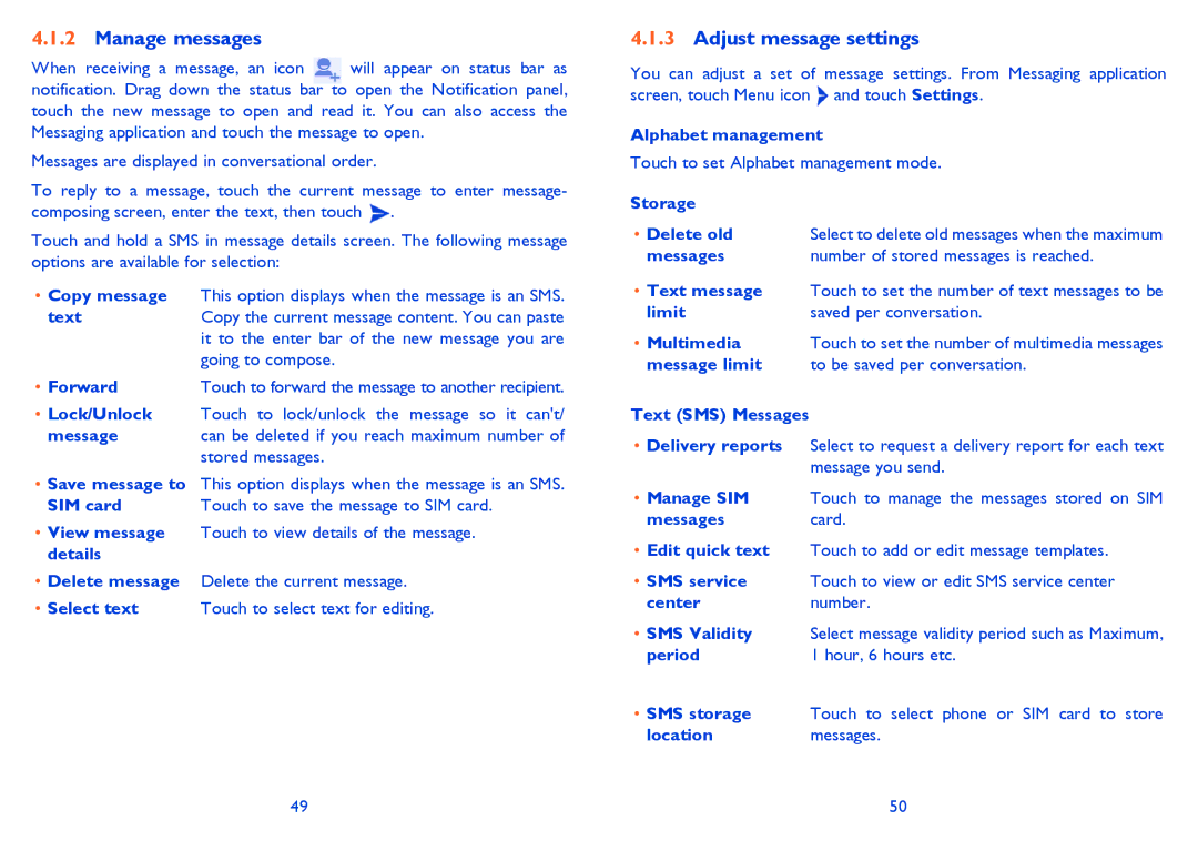 Alcatel 5035A manual Manage messages, Adjust message settings 