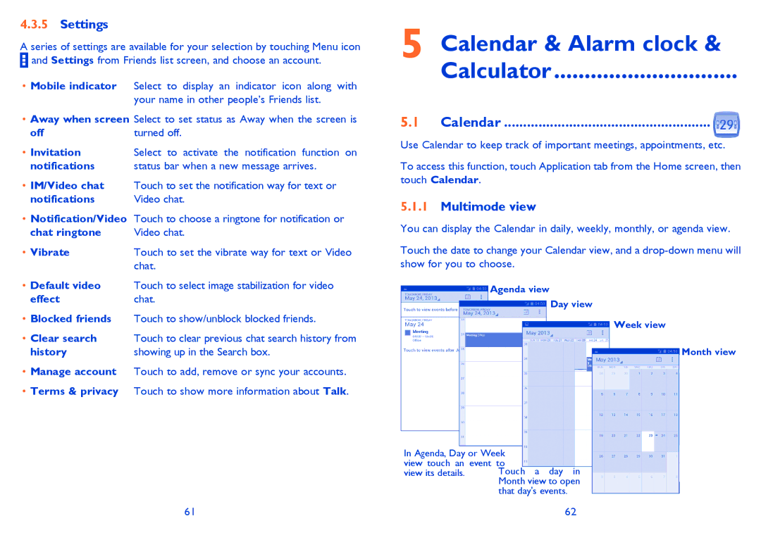 Alcatel 5035A manual Calendar & Alarm clock Calculator, Settings, Multimode view 