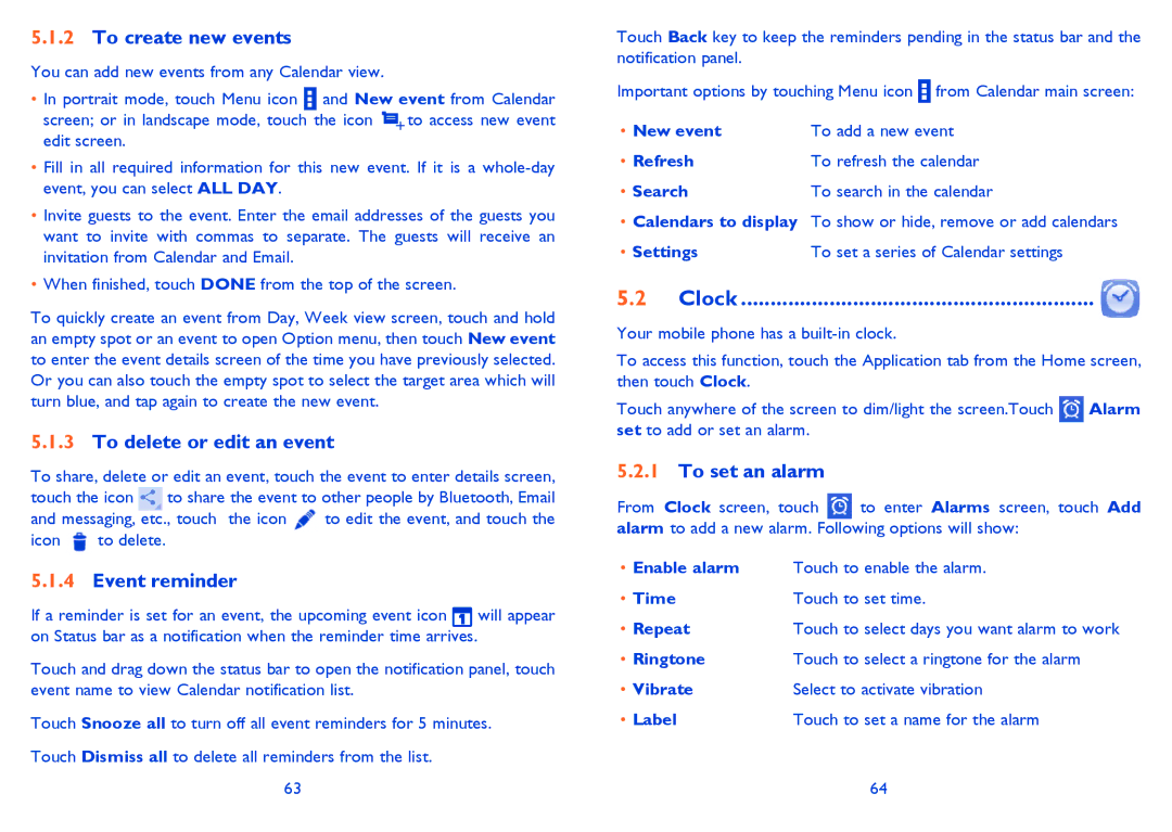 Alcatel 5035A manual To create new events, To delete or edit an event, Event reminder, Clock, To set an alarm 