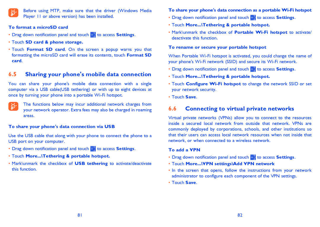 Alcatel 5035A manual Sharing your phones mobile data connection, Connecting to virtual private networks 