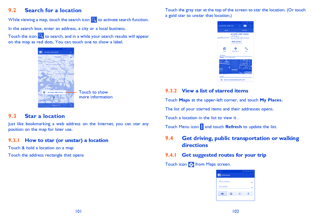 Alcatel 5035A manual Search for a location, Star a location, Get driving, public transportation or walking directions 