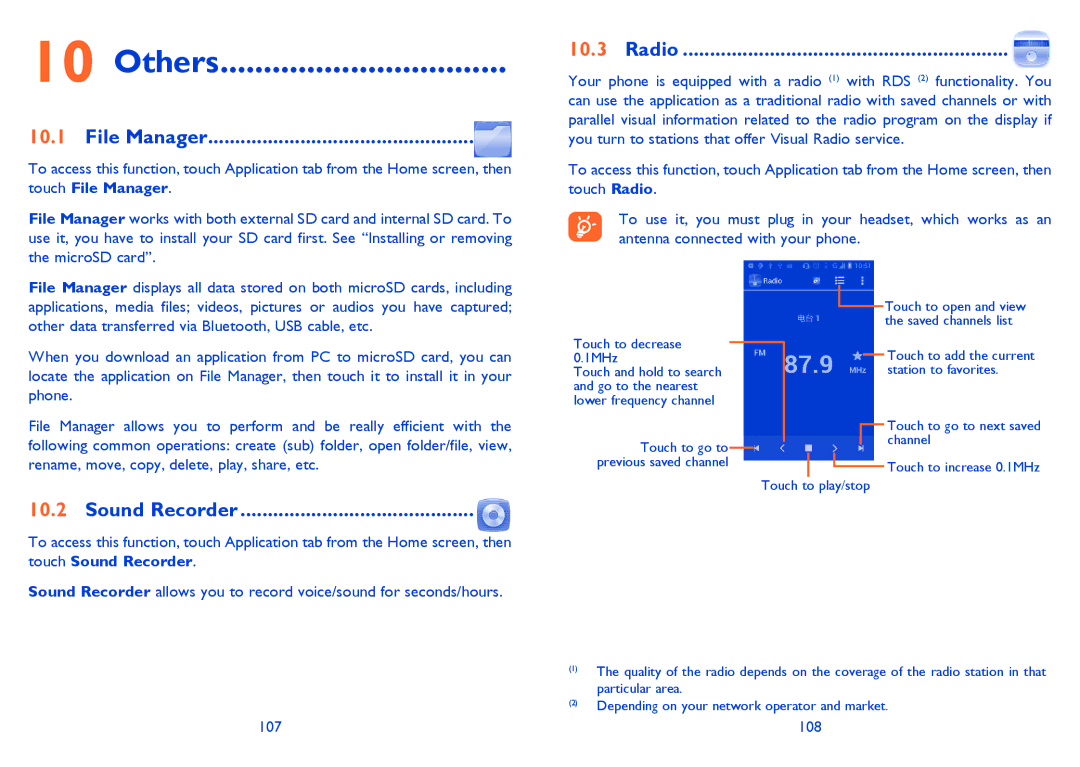 Alcatel 5035A manual Others, File Manager, Sound Recorder, Radio, 108 