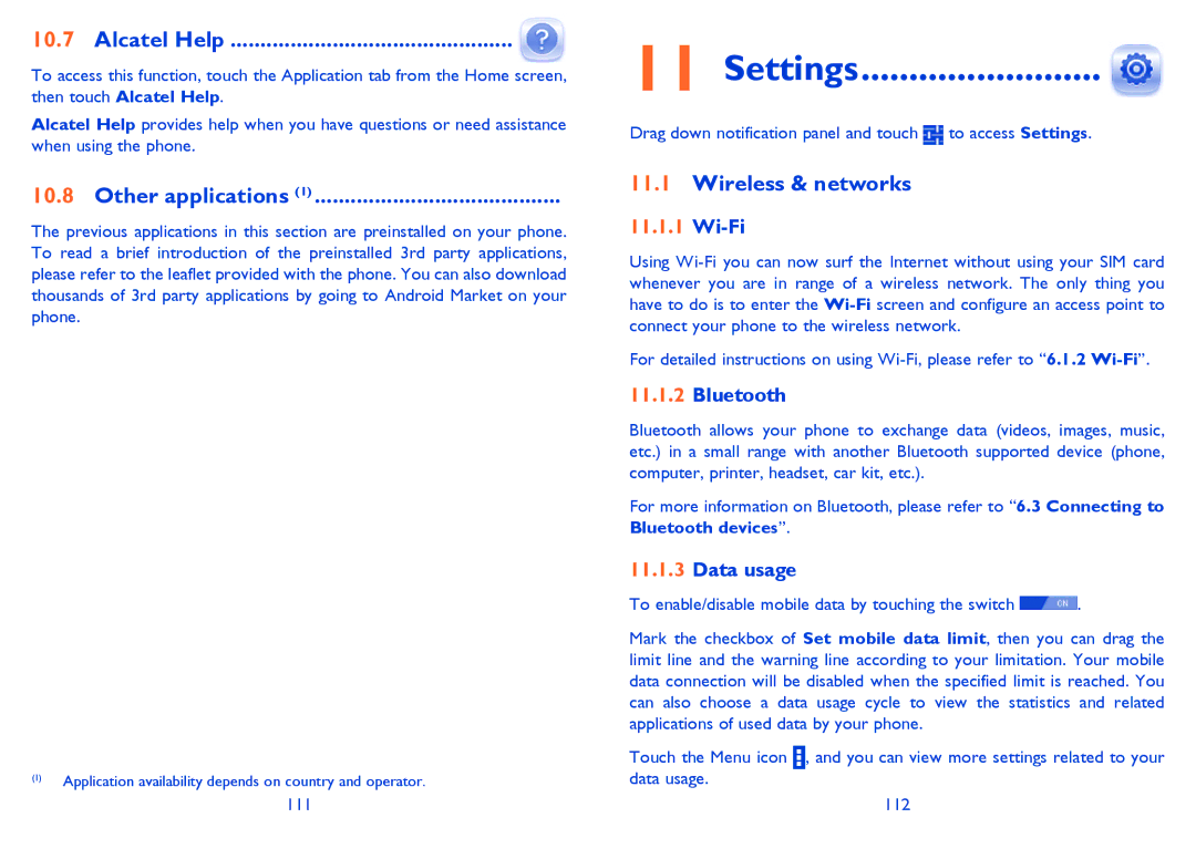 Alcatel 5035A manual Settings, Alcatel Help, Other applications, Wireless & networks 