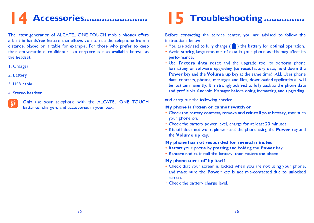 Alcatel 5035A manual Accessories, Troubleshooting, My phone is frozen or cannot switch on, My phone turns off by itself 