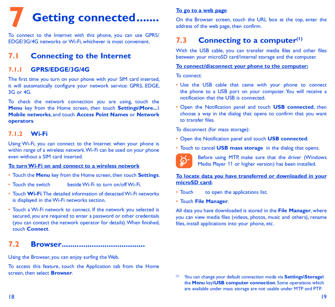 Alcatel 5050Y manual Connecting to the Internet, Connecting to a computer1, GPRS/EDGE/3G/4G, Wi-Fi 
