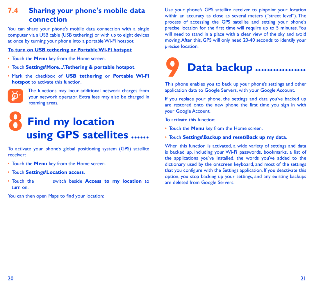 Alcatel 5050Y Sharing your phones mobile data Connection, To turn on USB tethering or Portable Wi-Fi hotspot, Data backup 