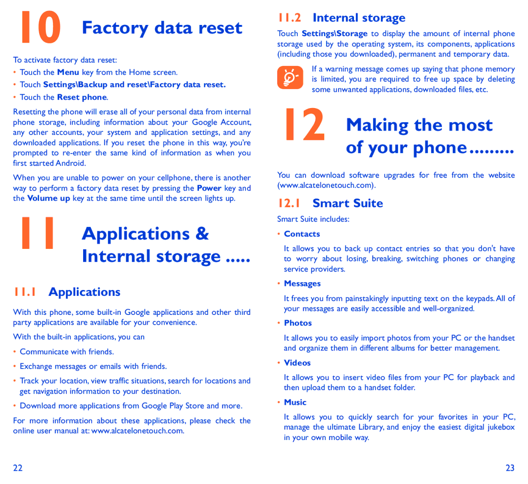 Alcatel 5050Y manual Applications, Internal storage, Making the most of your phone Smart Suite 
