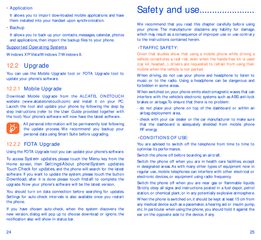 Alcatel 5050Y manual Mobile Upgrade, Fota Upgrade, Traffic Safety, Conditions of USE 
