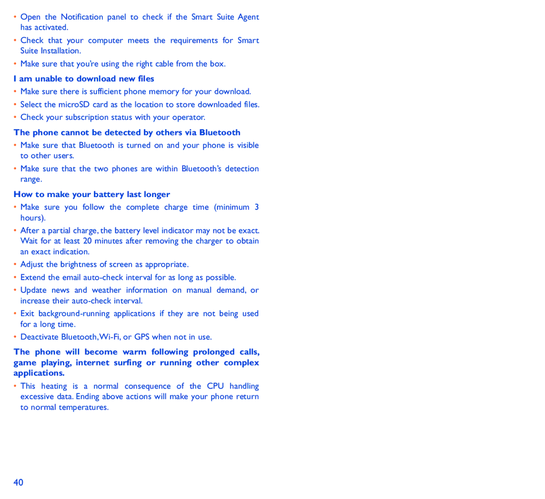 Alcatel 5050Y manual Am unable to download new files, Phone cannot be detected by others via Bluetooth 