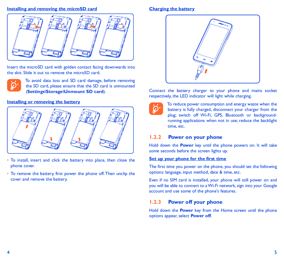 Alcatel 5050Y manual Power on your phone, Power off your phone, Installing or removing the battery 
