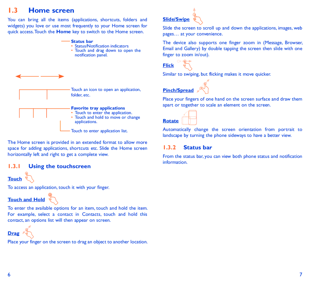 Alcatel 5050Y manual Home screen, Using the touchscreen, Status bar 