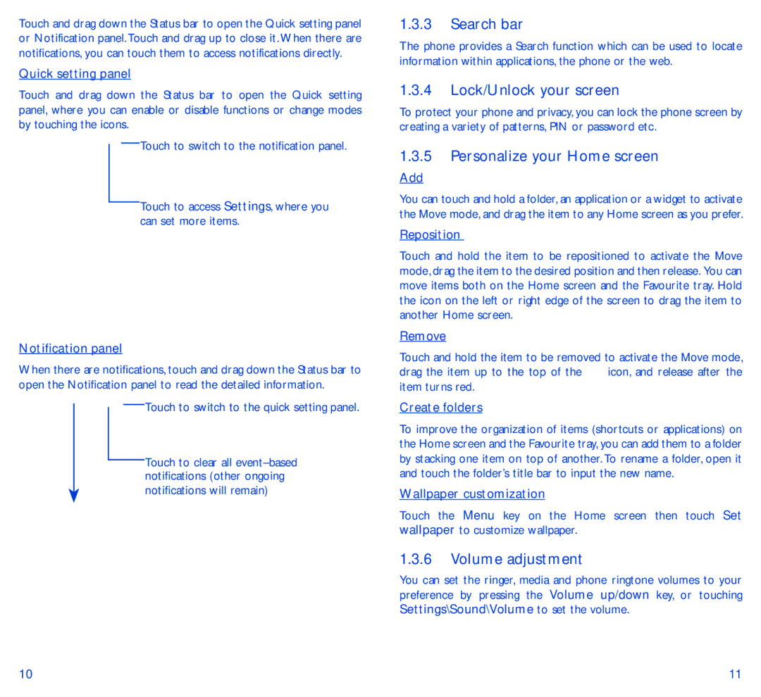 Alcatel 5050Y manual Search bar, Lock/Unlock your screen, Personalize your Home screen, Volume adjustment 