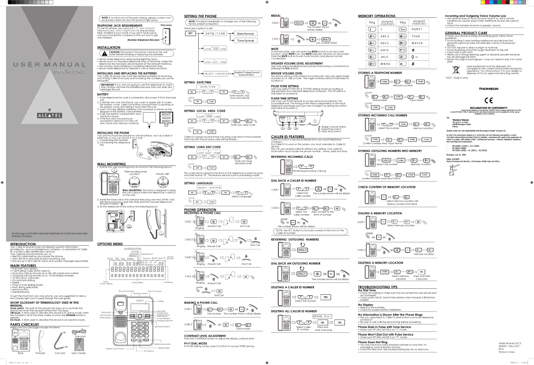 Alcatel 55-CE manual Installation, Wall Mounting, Setting the Phone, Phone Operation, Caller ID Features, Parts Checklist 