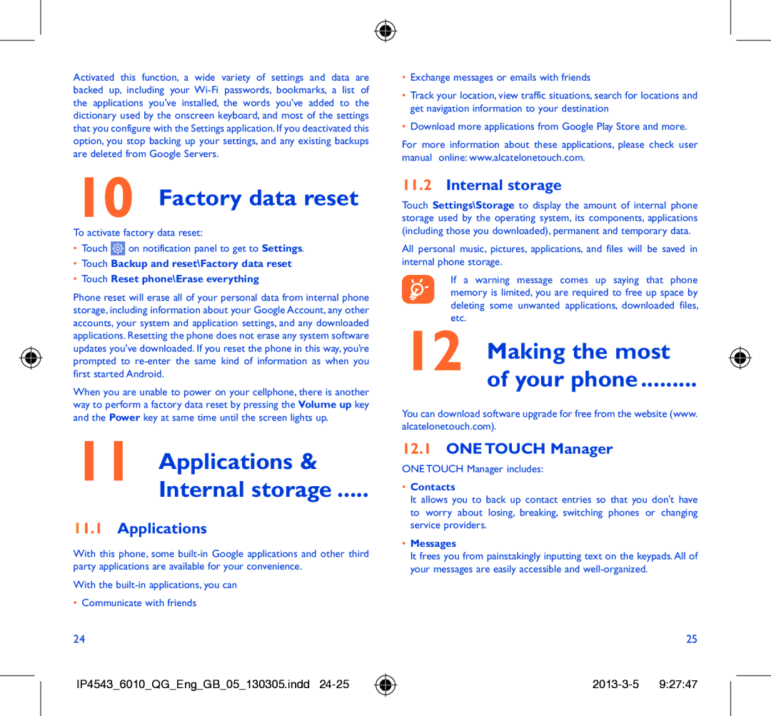 Alcatel 6010D manual Factory data reset, Applications Internal storage, Making the most Your phone 