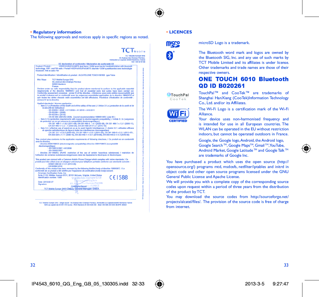 Alcatel 6010D manual ONE Touch 6010 Bluetooth QD ID B020261, Regulatory information, Licences 