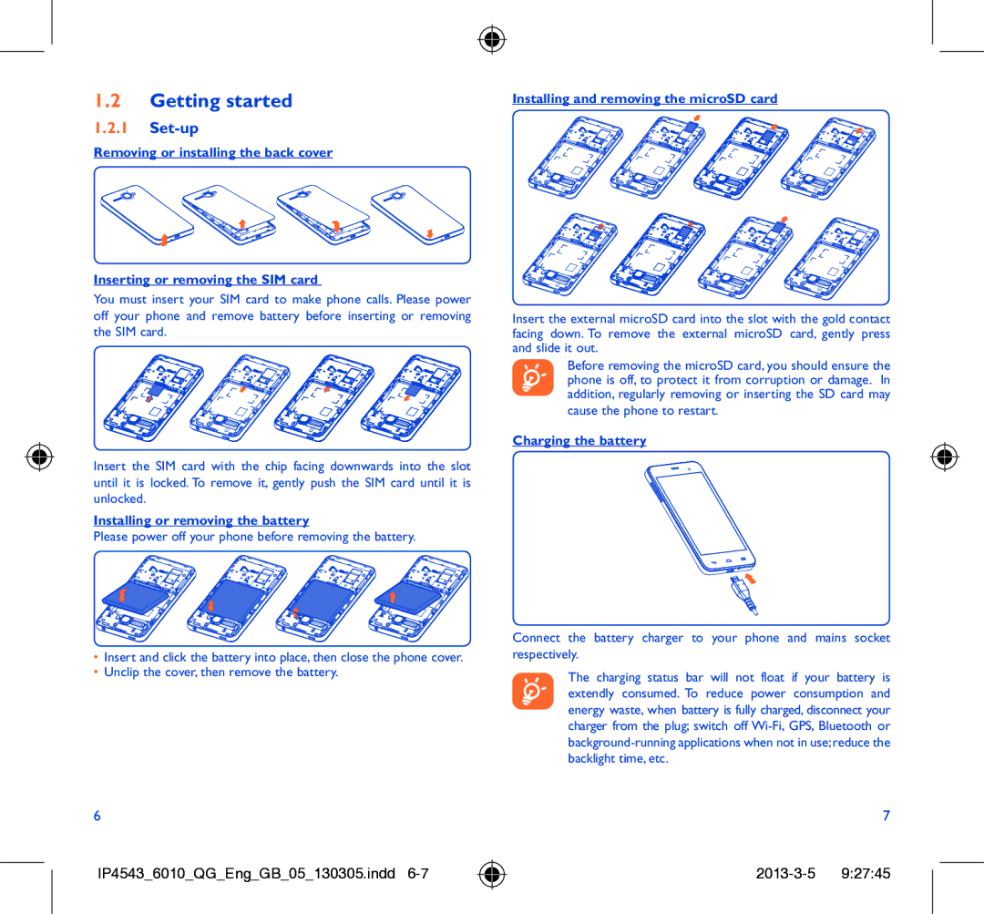 Alcatel 6010D manual Getting started, Set-up, Installing or removing the battery, Installing and removing the microSD card 