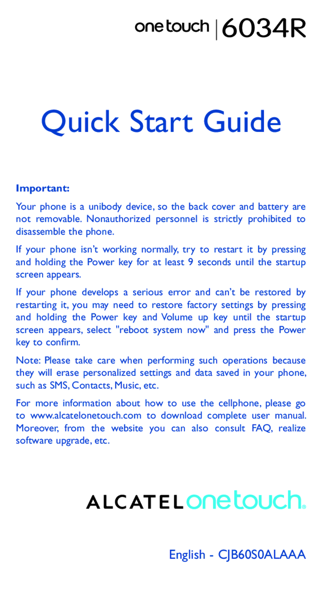 Alcatel 6034R manual Quick Start Guide 