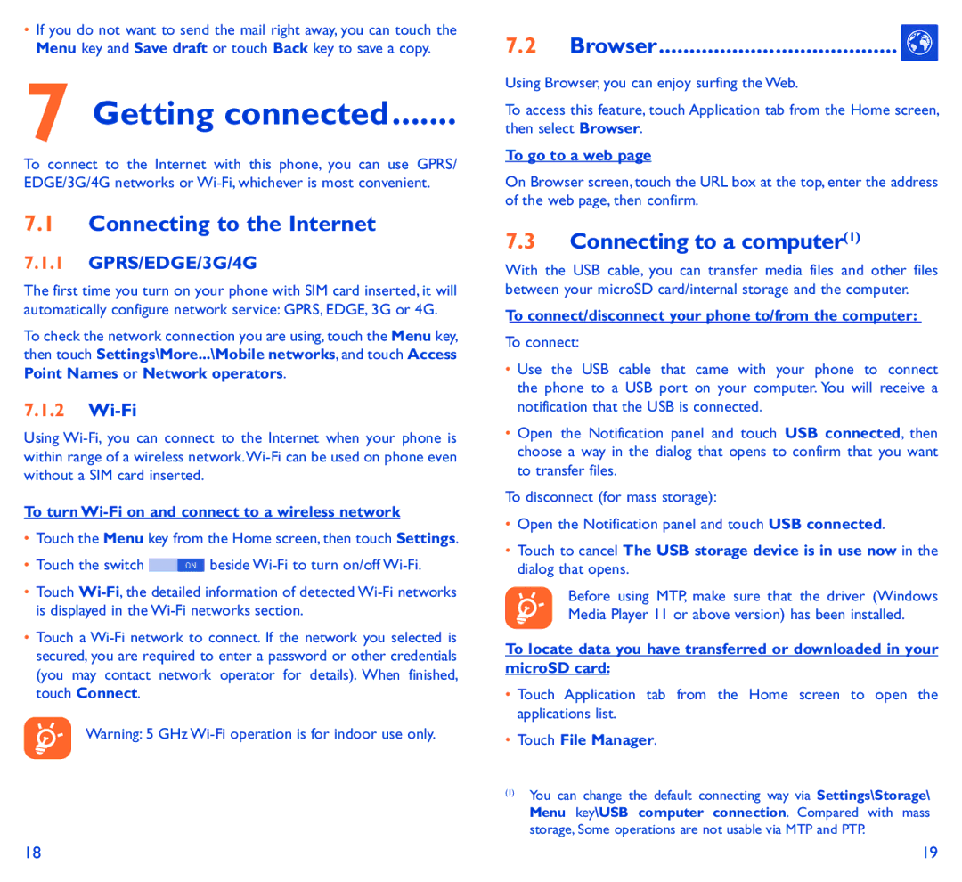 Alcatel 6034R manual Getting connected, Connecting to the Internet, Connecting to a computer1, GPRS/EDGE/3G/4G, Wi-Fi 