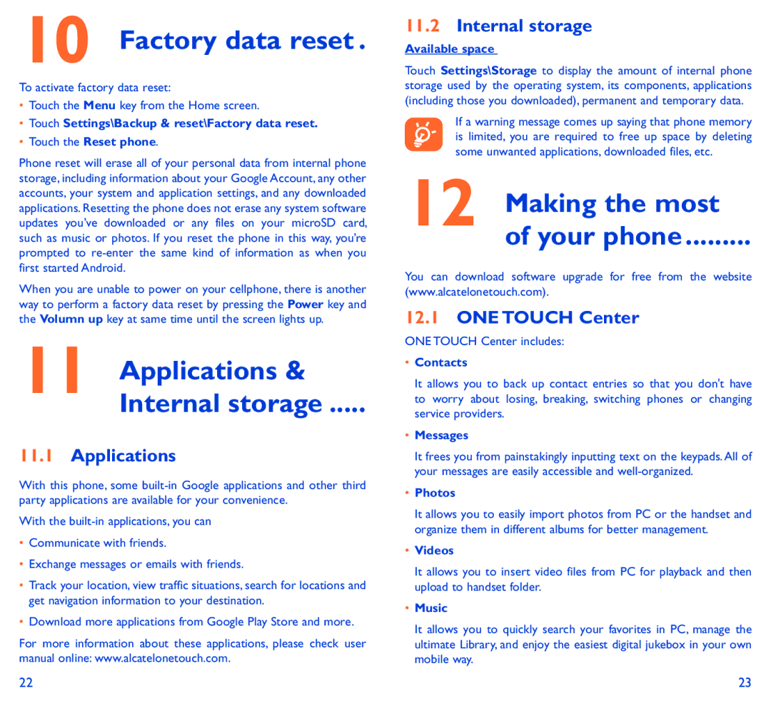Alcatel 6034R manual Applications & Internal storage, Making the most of your phone, ONE Touch Center 