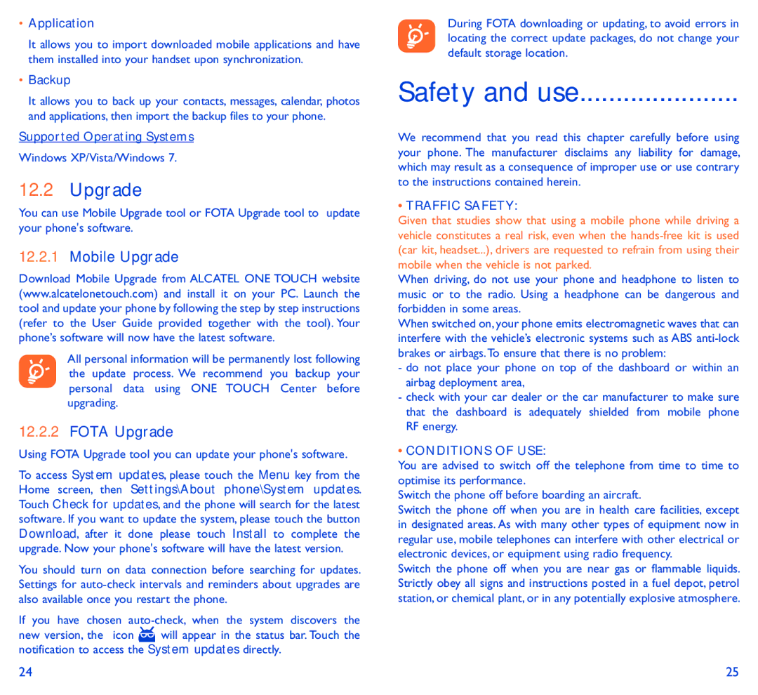 Alcatel 6034R manual Mobile Upgrade, Fota Upgrade, Traffic Safety, Conditions of USE 