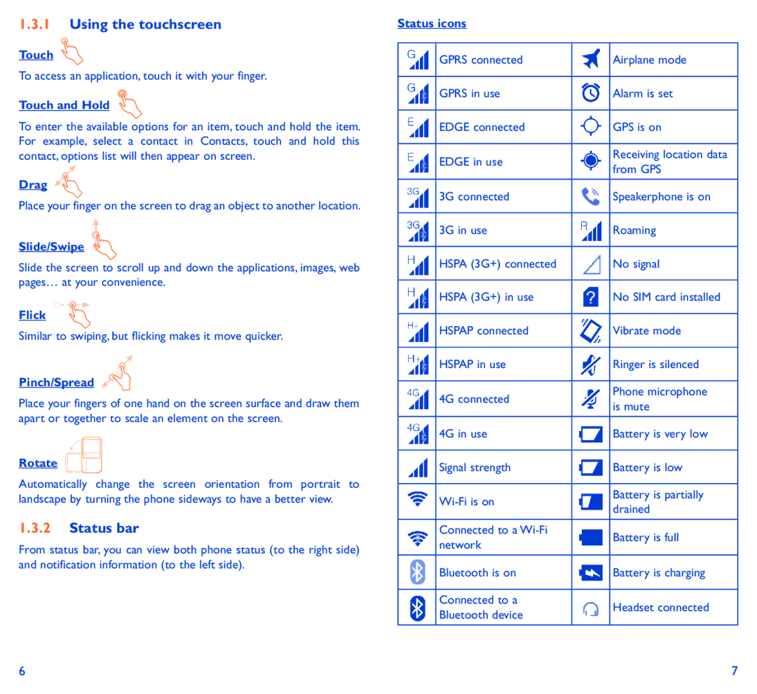 Alcatel 6034R manual Using the touchscreen, Status bar 