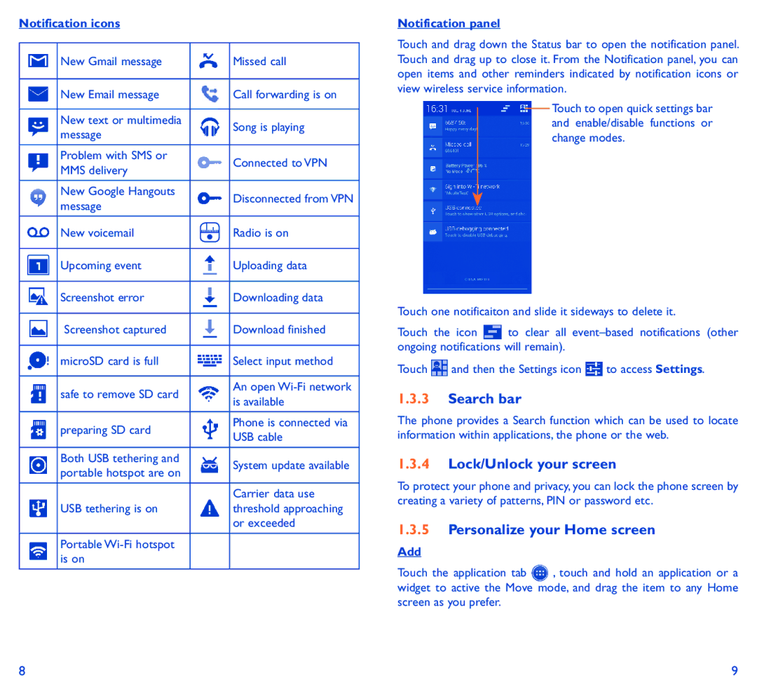 Alcatel 6034R manual Search bar, Lock/Unlock your screen, Personalize your Home screen 