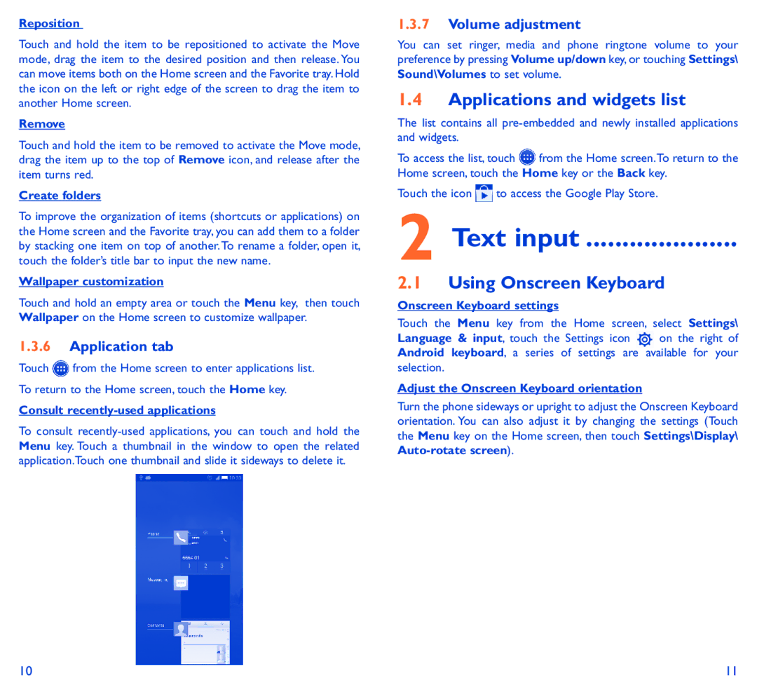 Alcatel 6034R manual Applications and widgets list, Using Onscreen Keyboard, Application tab, Volume adjustment 