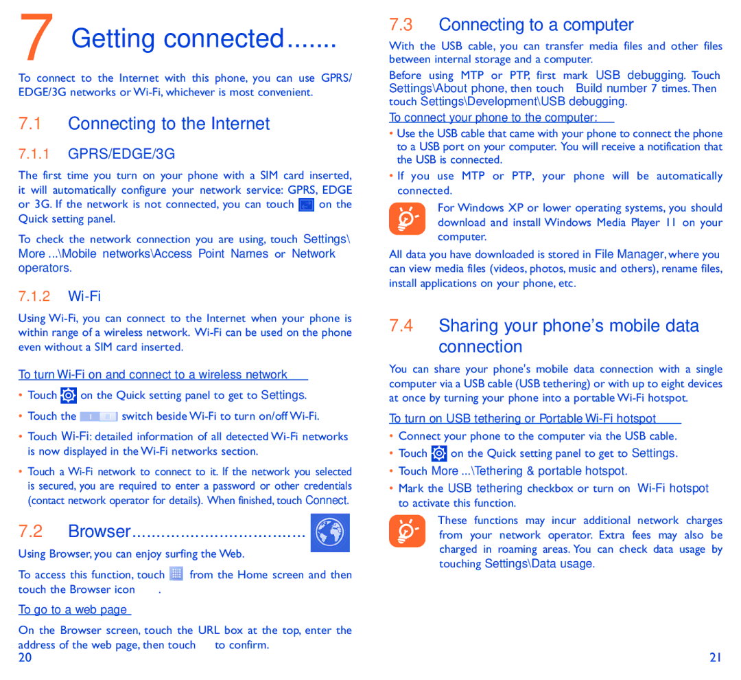 Alcatel 6037B Connecting to the Internet, Browser, Connecting to a computer, Sharing your phones mobile data Connection 